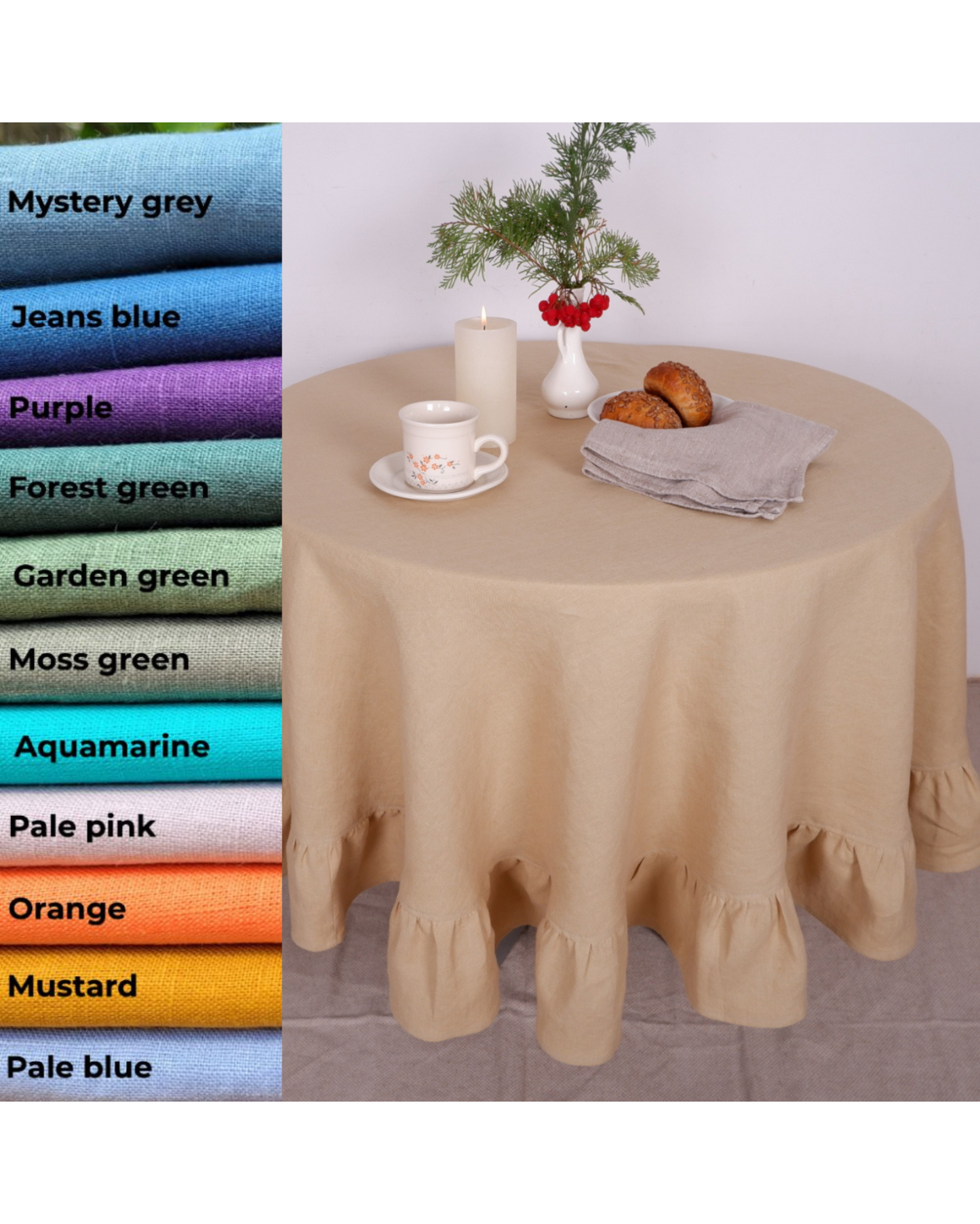 Round linen  tablecloth - with ruffles