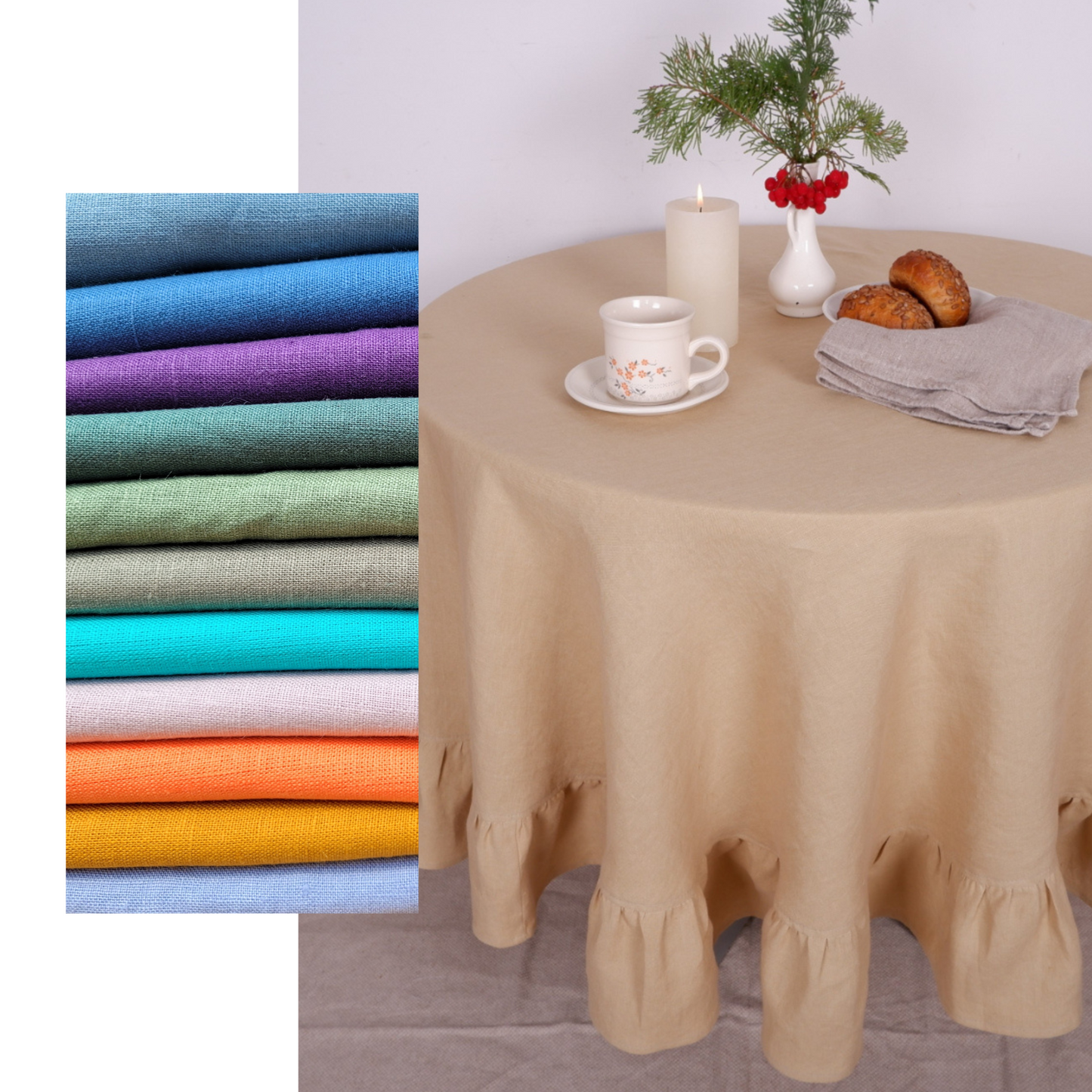 Round linen  tablecloth - with ruffles