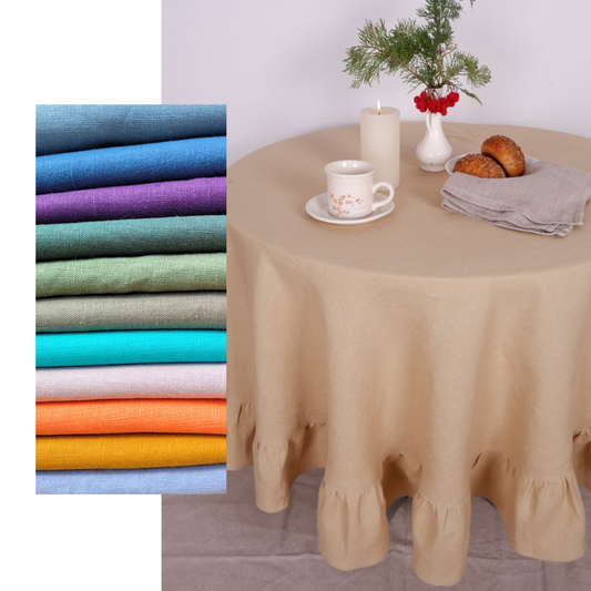 Round linen  tablecloth - with ruffles