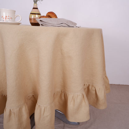 Round linen  tablecloth - with ruffles