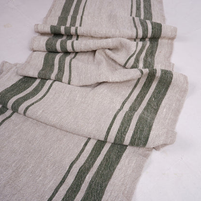 Green stripes in linen fabric - sack weave - Grainsack - 042A