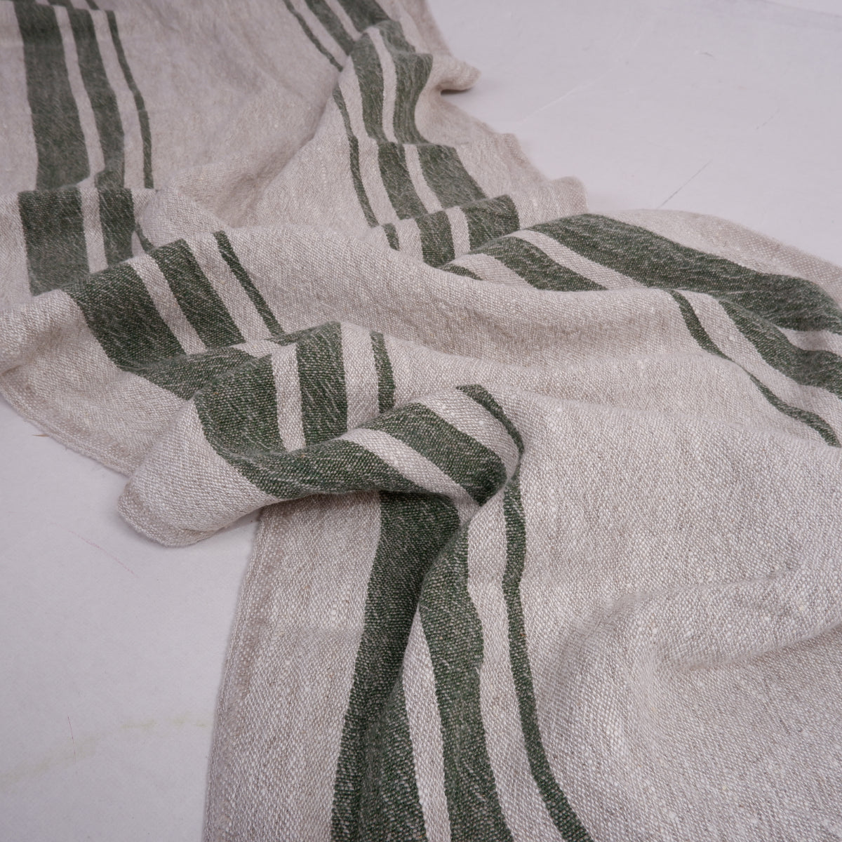 Green stripes in linen fabric - sack weave - Grainsack - 042A