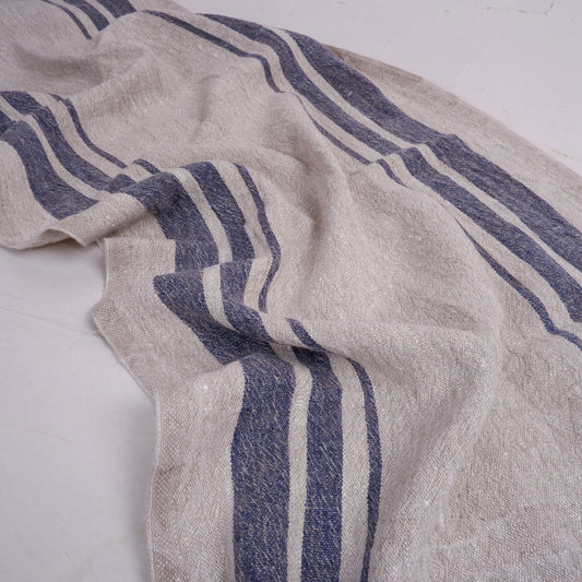 Navy stripes in linen fabric - sack weave - Grainsack - 048A