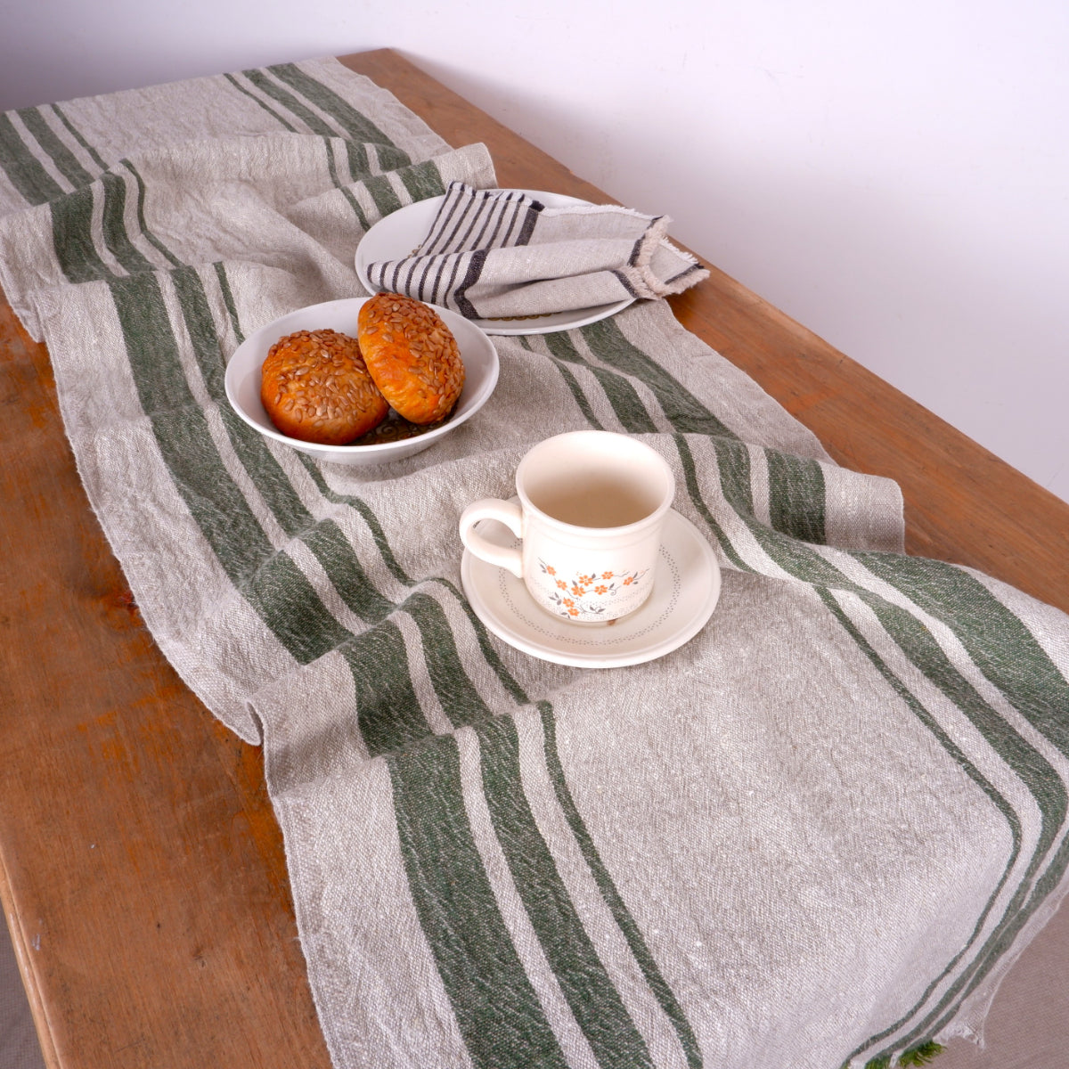 Green stripes  - linen table runner - Grainsack
