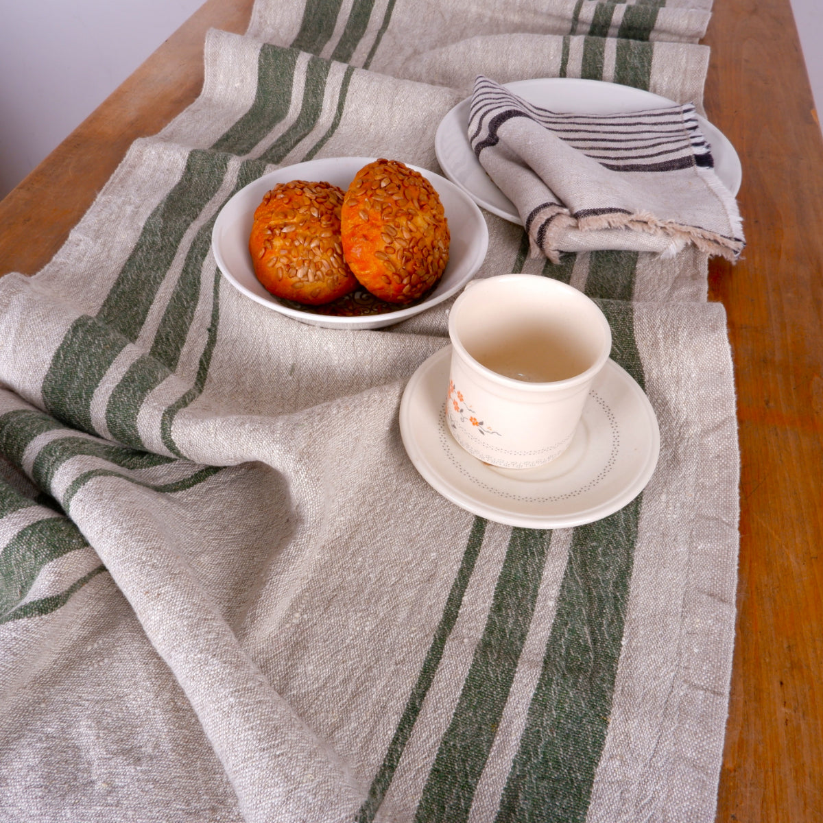 Green stripes  - linen table runner - Grainsack