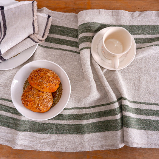 Green stripes  - linen table runner - Grainsack