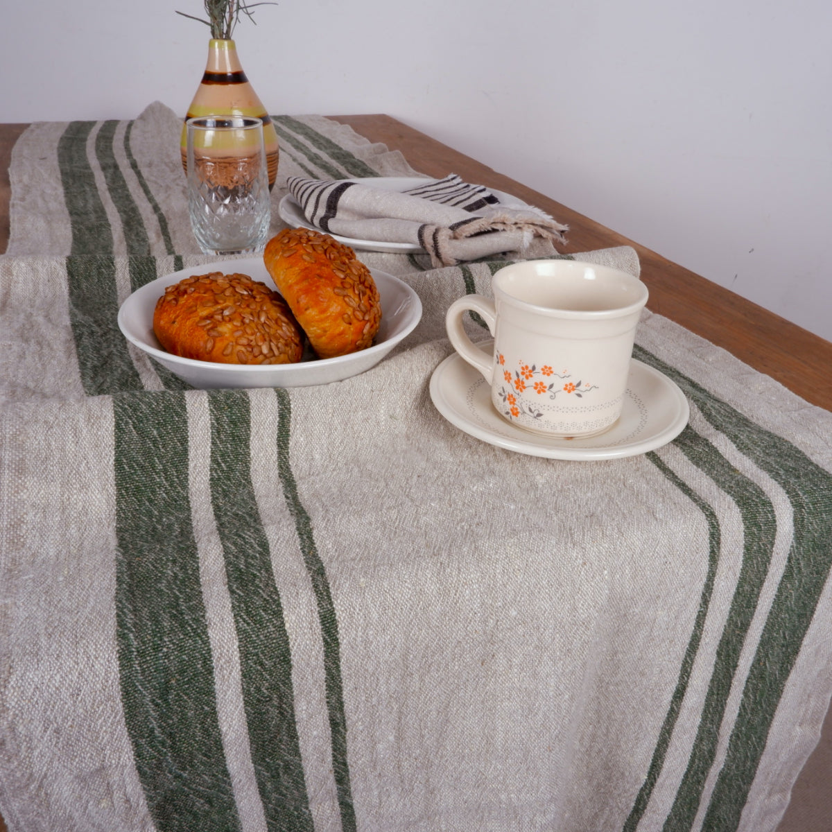 Green stripes  - linen table runner - Grainsack