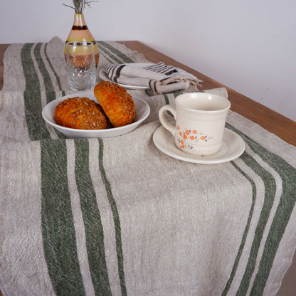 Green stripes  - linen table runner - Grainsack