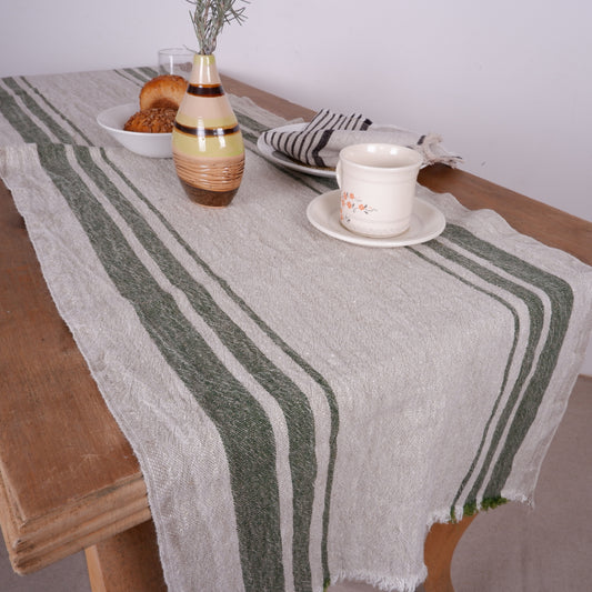 Green stripes  - linen table runner - Grainsack