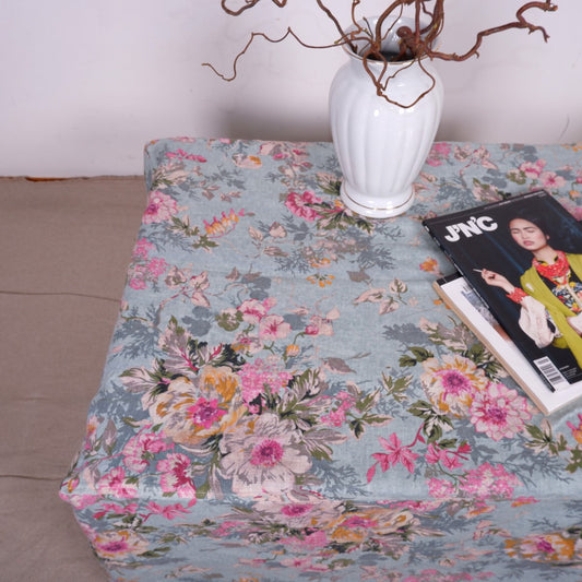 Linen ottoman slipcover - Floral blue