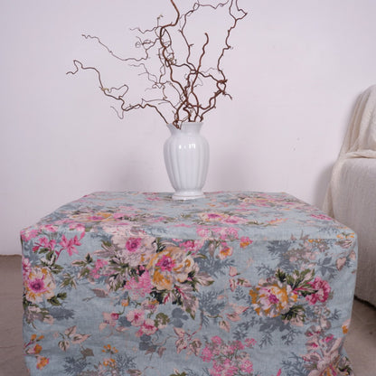 Linen ottoman slipcover - Floral blue