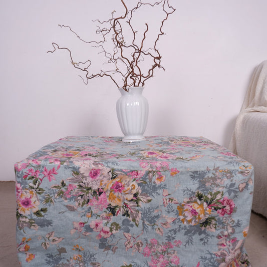 Linen ottoman slipcover - Floral blue