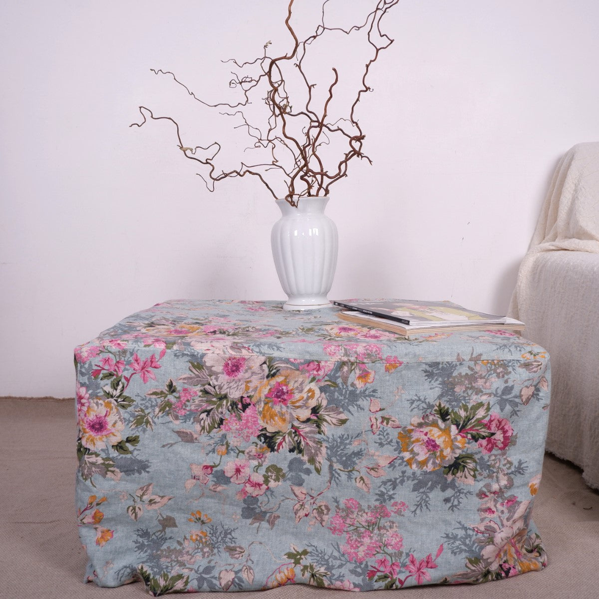 Linen ottoman slipcover - Floral blue