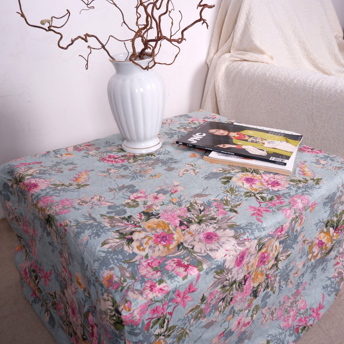 Linen ottoman slipcover - Floral blue
