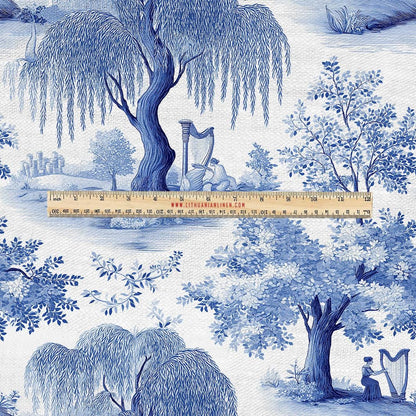 100% LINEN Fabric UPHOLSTERY 12oz - Willow blue Arfa music bluewhite print on linen - tree scenery floral upholstery 2280