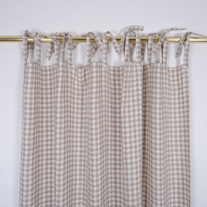 Checkered linen curtains - with tie top