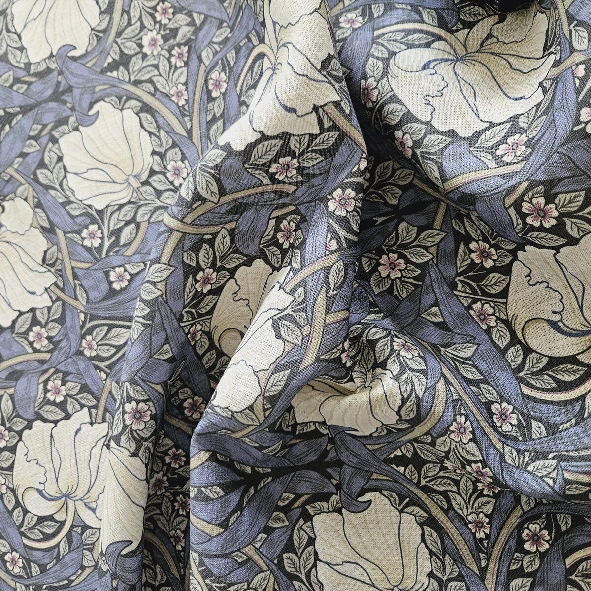Floral linen fabric - William Morris Pimpernel blue - WM203A