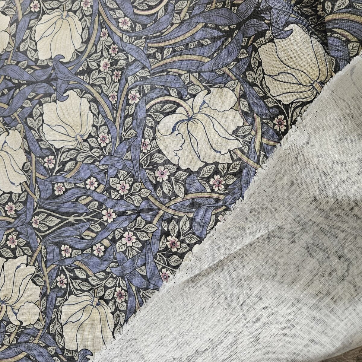 Floral linen fabric - William Morris Pimpernel blue - WM203A