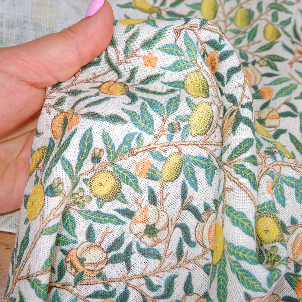 Floral linen fabric - William Morris Pomegranate WM204A