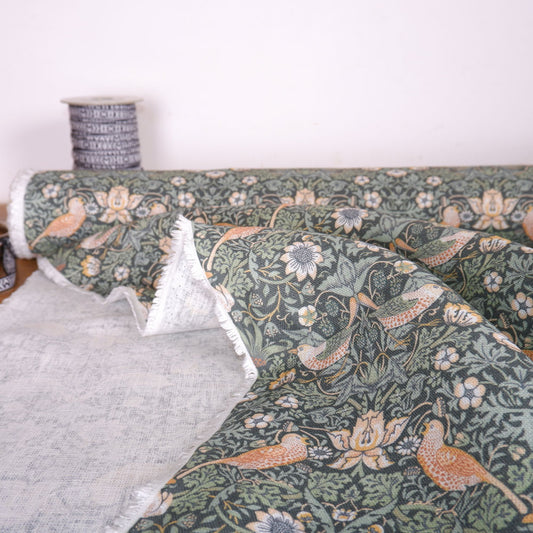 Floral linen fabric - William Morris Strawberry thief green WM205A