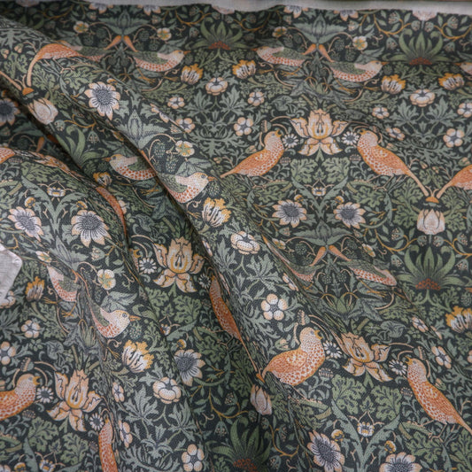 Floral linen fabric - William Morris Strawberry thief green WM205A