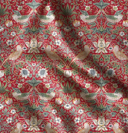 Floral linen fabric - William Morris Strawberry thief red WM206A