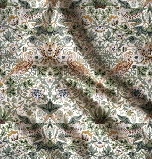 Floral linen fabric  William Morris Strawberry thief white WM207A