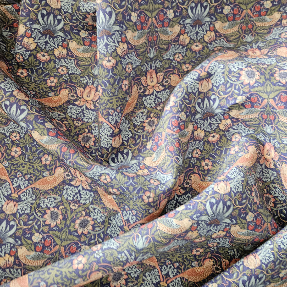 Floral linen fabric  William Morris Strawberry thief blue WM208A