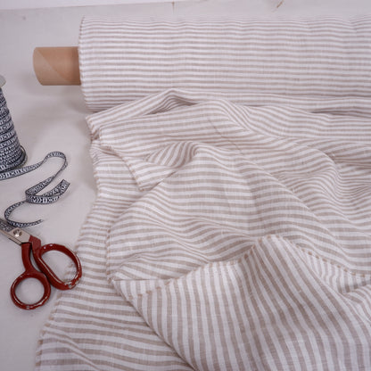 255 cm WIDE - White natur stripes - linen fabric - T026M