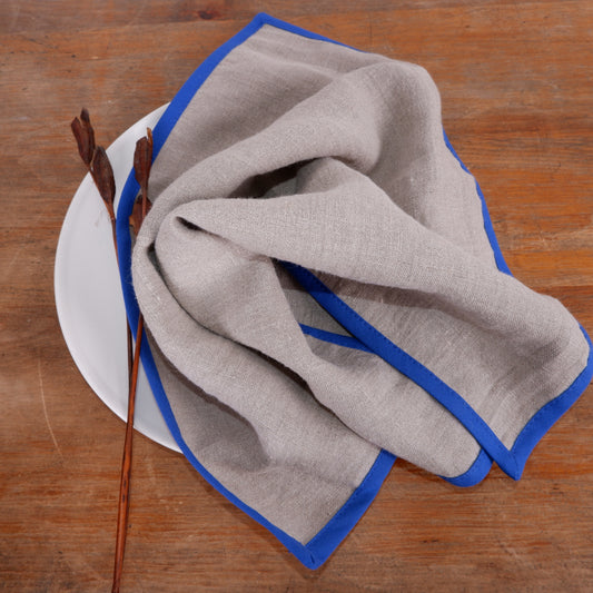 White linen napkin -  Blue hem