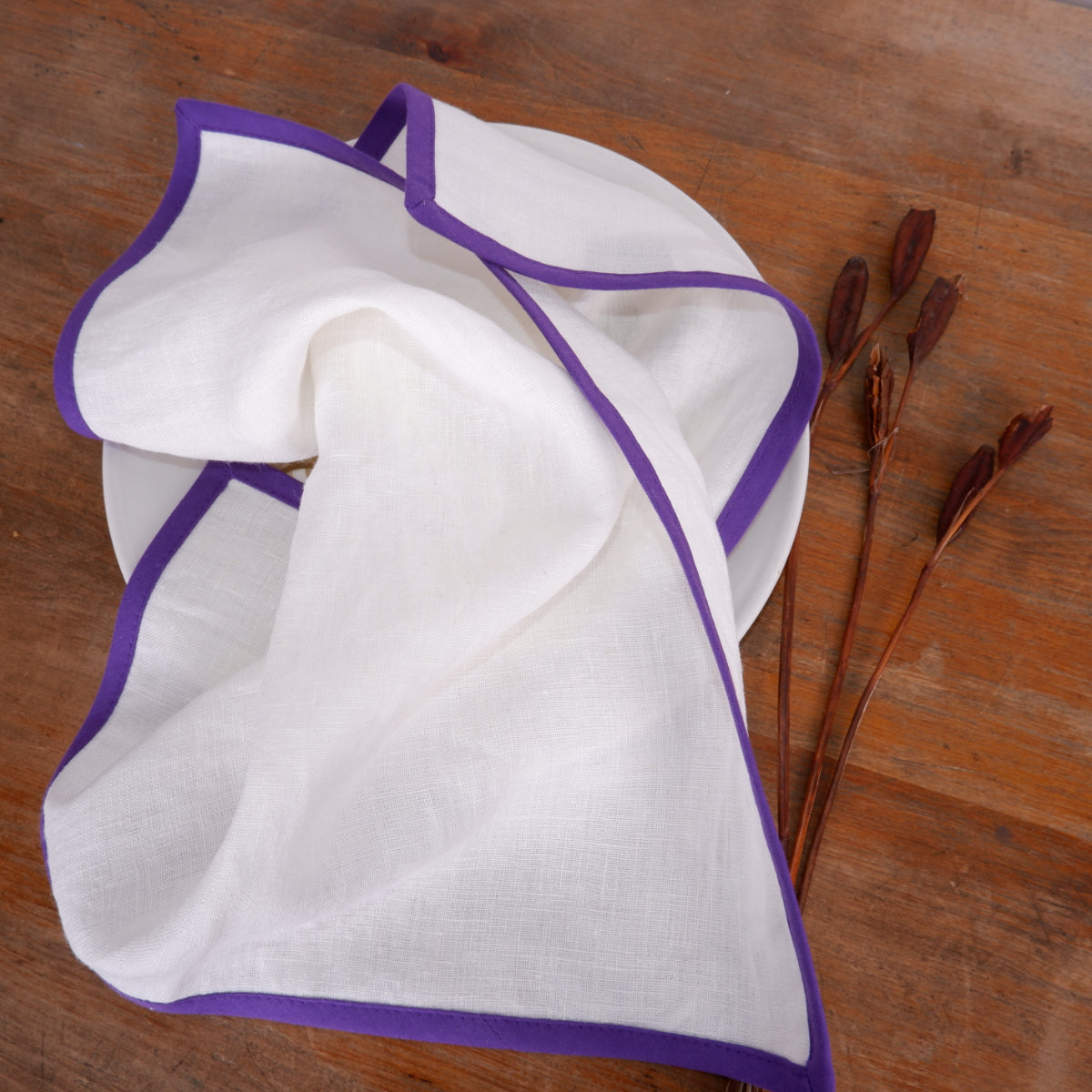 Natural linen napkin -  Purple hem