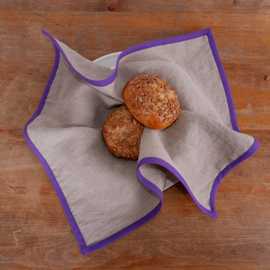 Natural linen napkin -  Purple hem