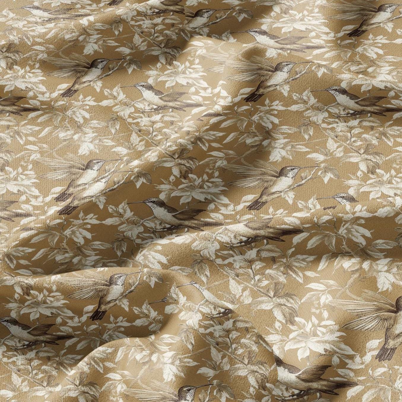 100% LINEN Fabric Colibri print - hummingbird mustard yellow - heavy linen fabric for upholstery home decor or medium for dress making 2404