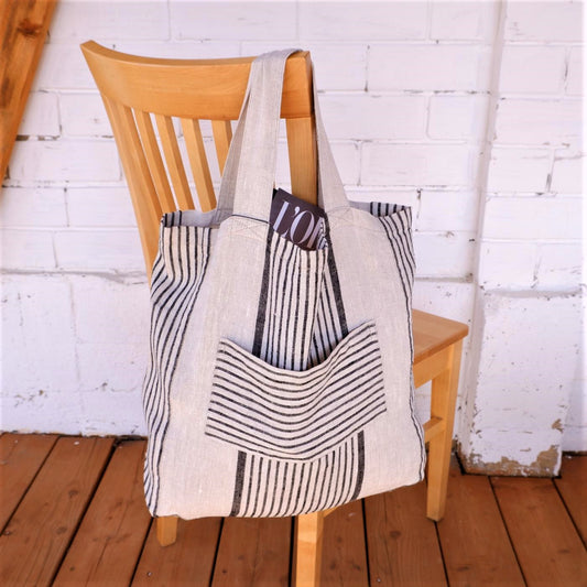 Village black stripes - linen shopping bag