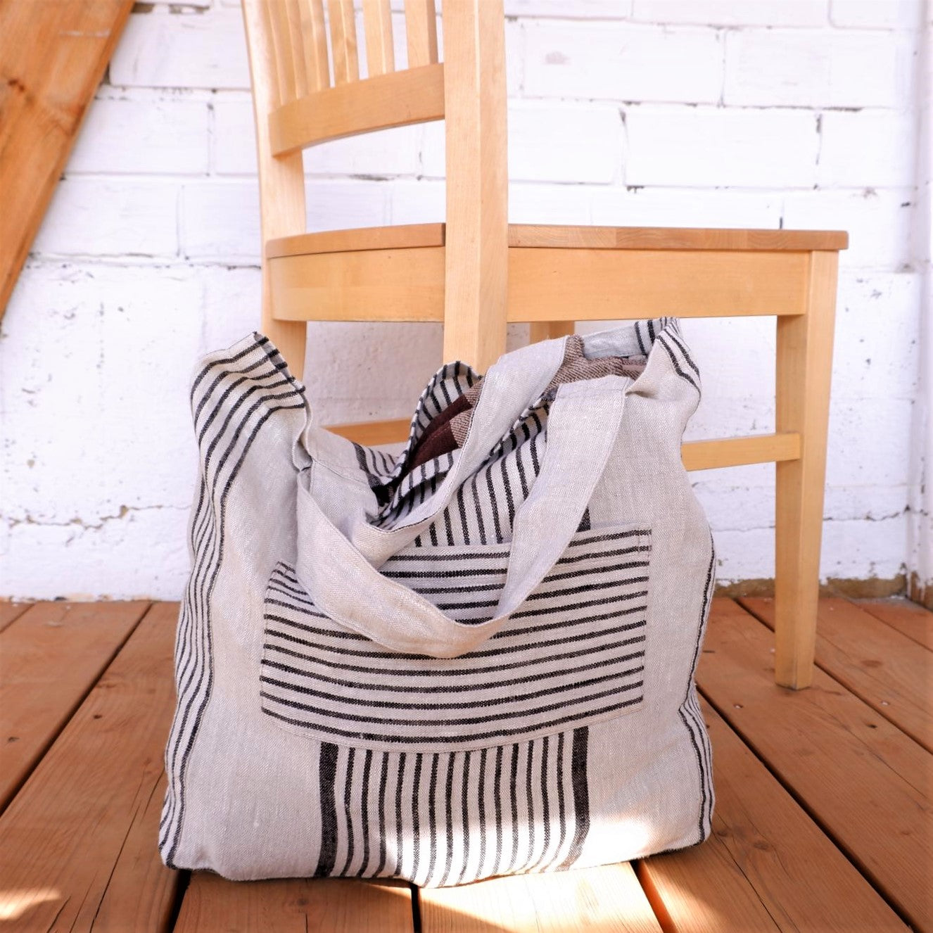 Village black stripes - linen shopping bag