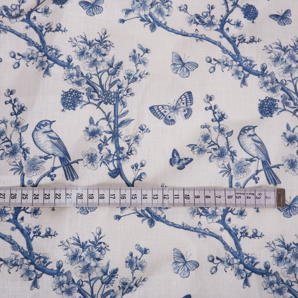 Floral linen fabric - Toile de jouy Cherry blossom with birds and butterflies LL301P