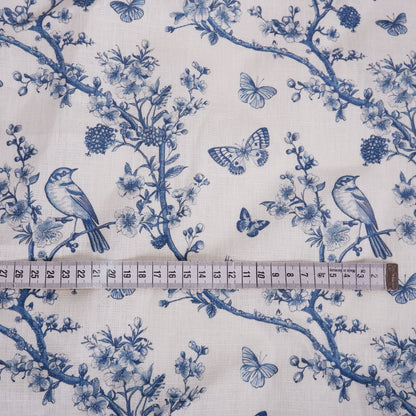 Floral linen fabric - Toile de jouy Cherry blossom with birds and butterflies LL301P