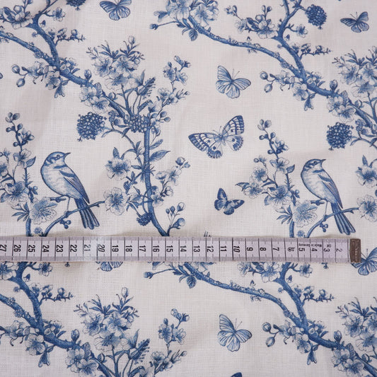 Floral linen fabric - Toile de jouy Cherry blossom with birds and butterflies LL301P