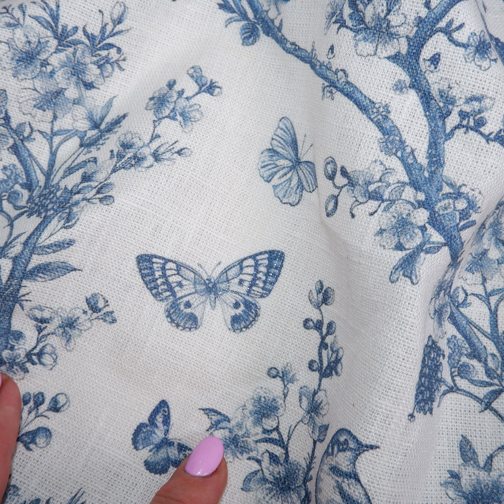 Floral linen fabric - Toile de jouy Cherry blossom with birds and butterflies LL301P