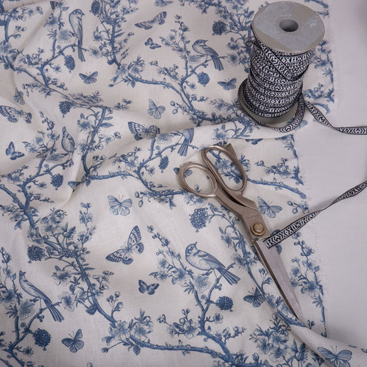Floral linen fabric - Toile de jouy Cherry blossom with birds and butterflies LL301P