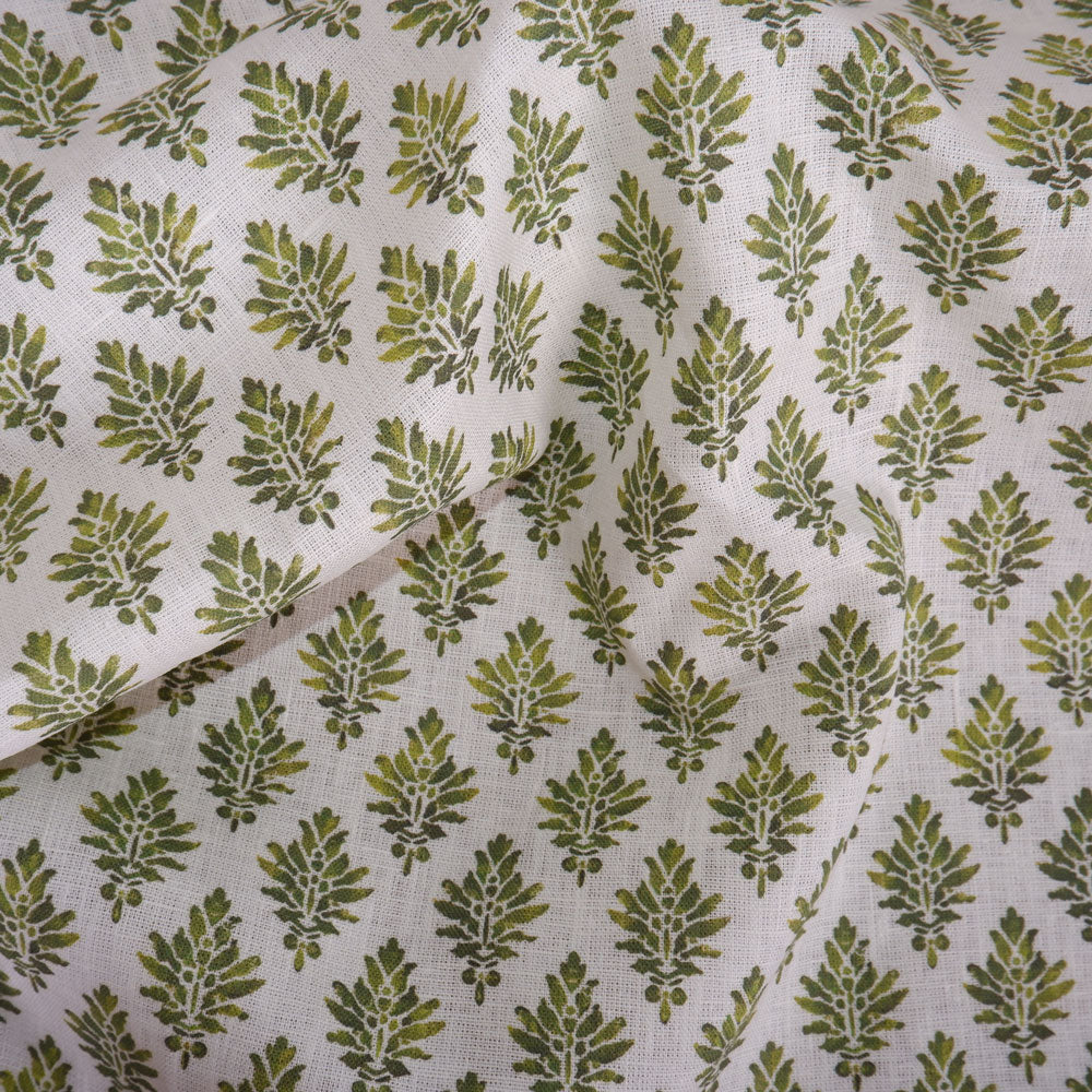 Floral linen fabric - Block print green LL302P