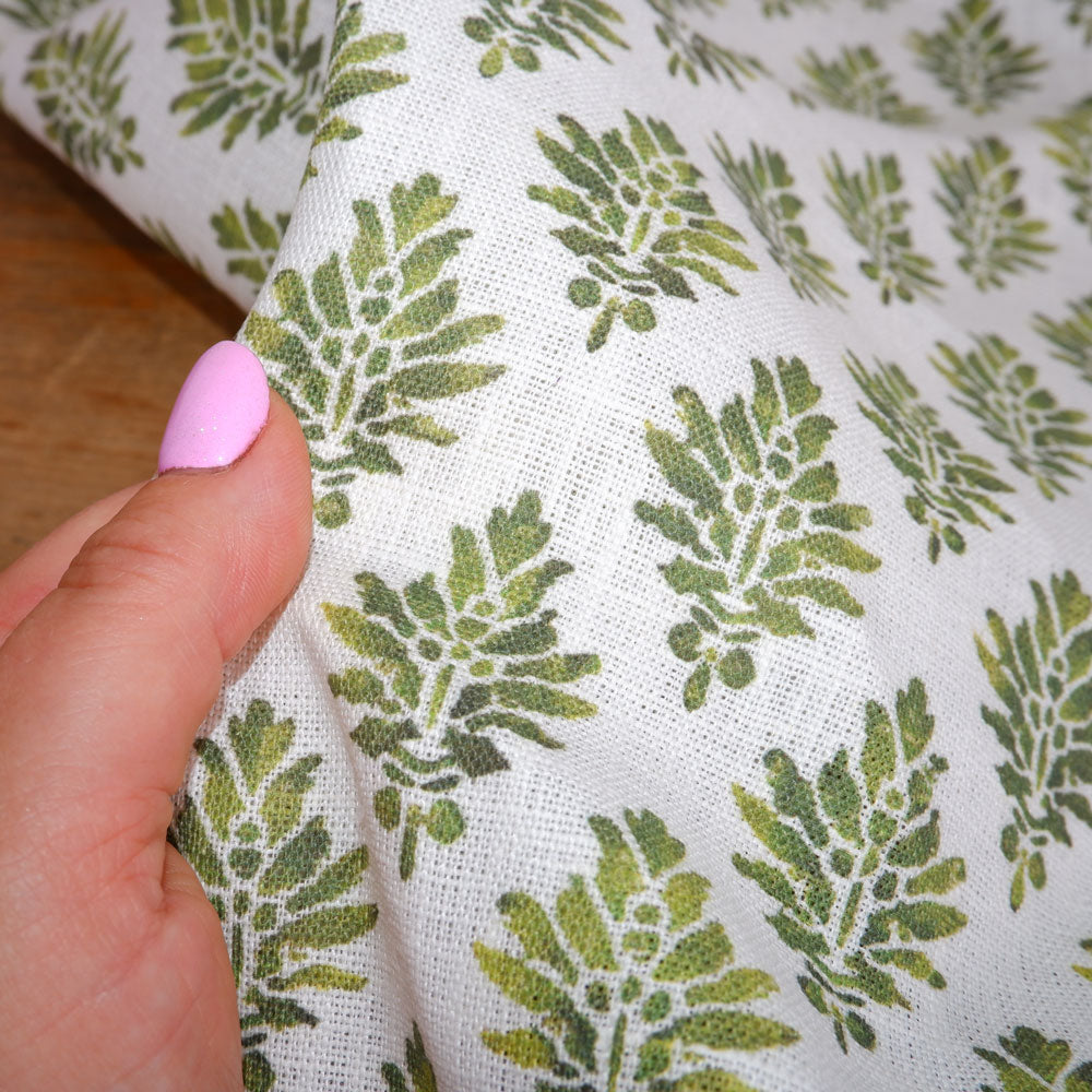 Floral linen fabric - Block print green LL302P