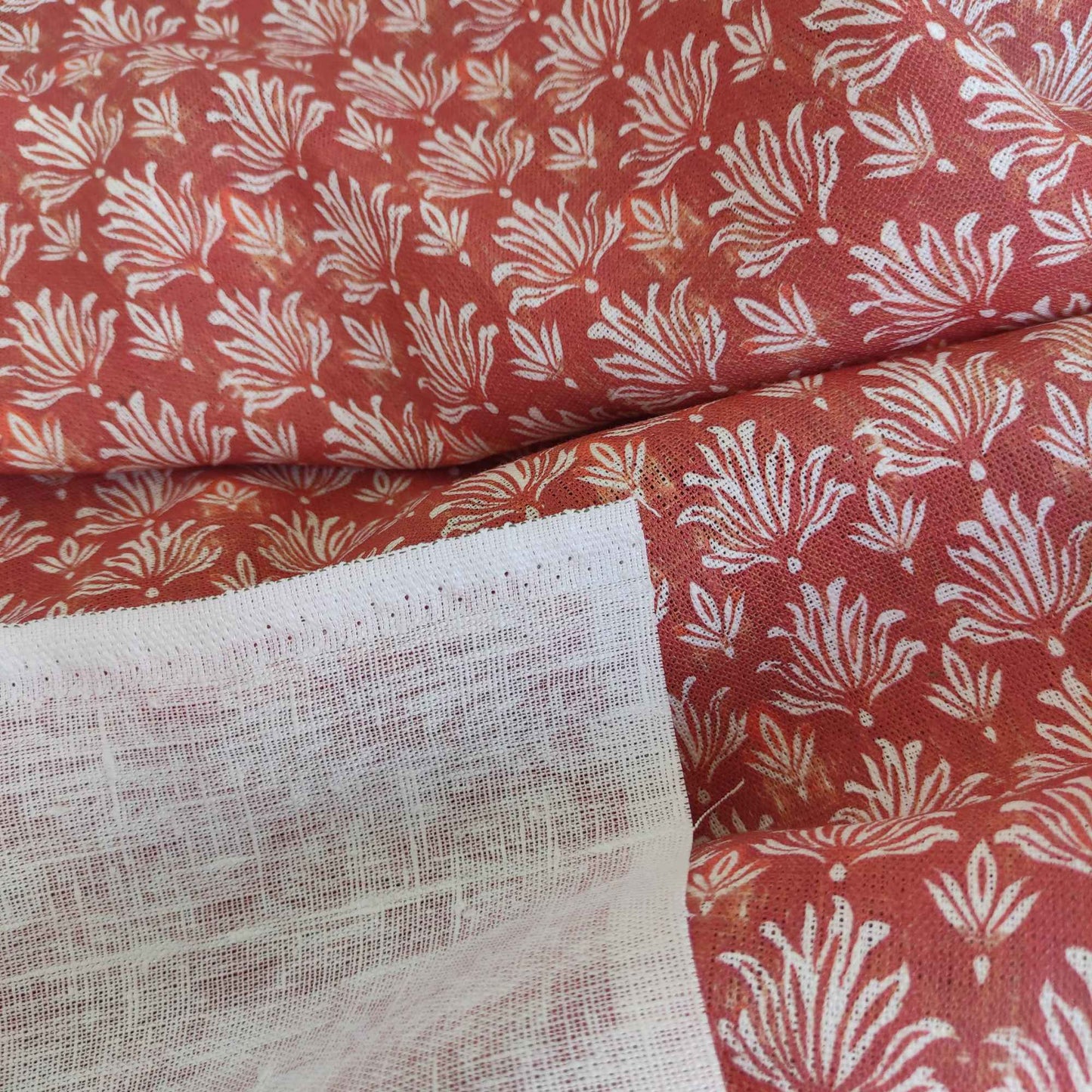 Floral linen fabric - Block print in brick red LL303P