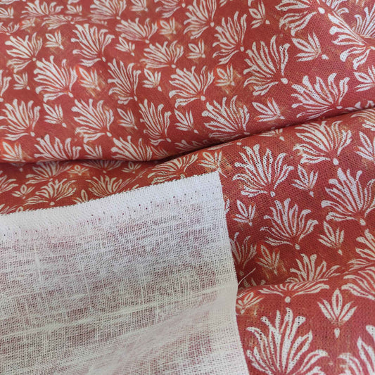 Floral linen fabric - Block print in brick red LL303P