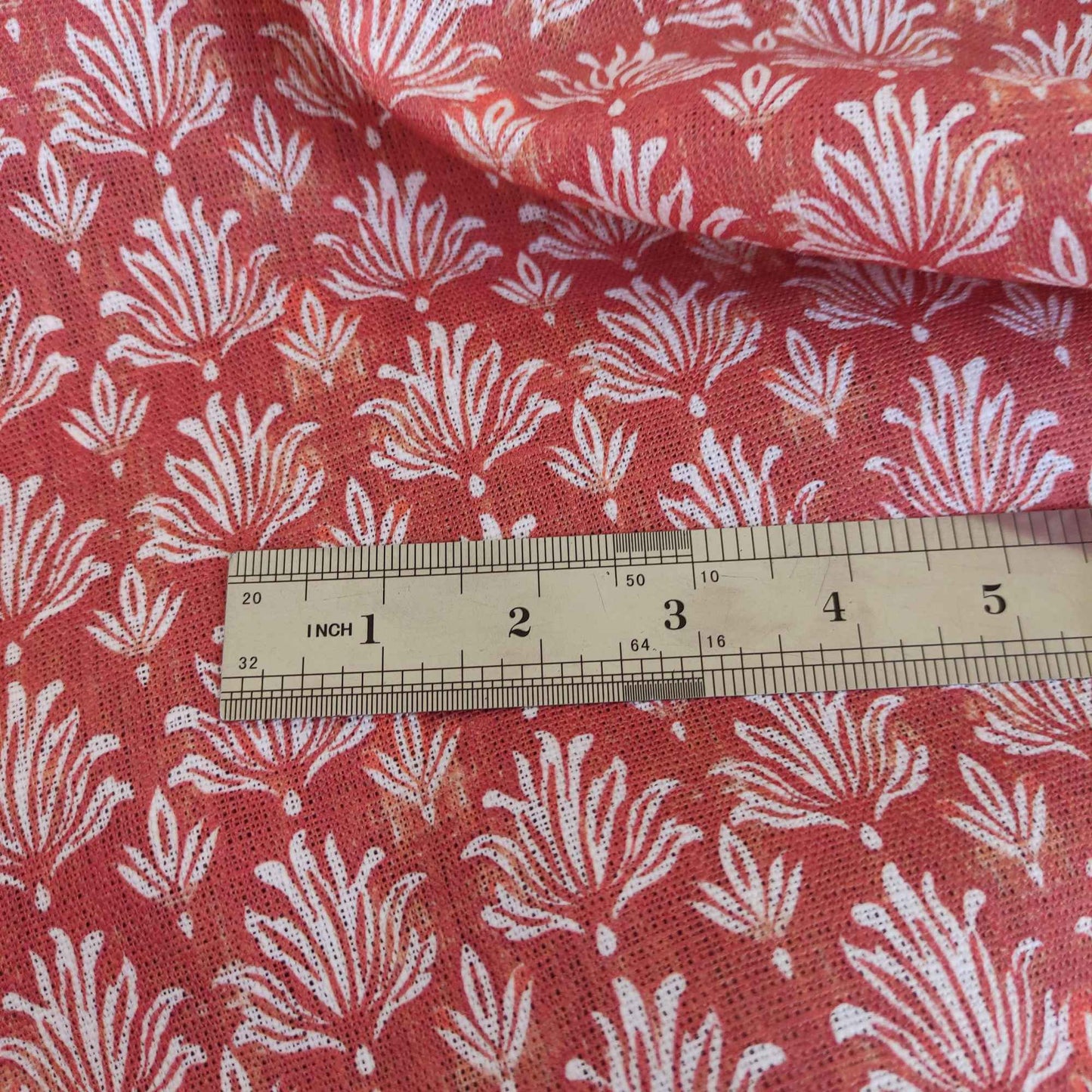 Floral linen fabric - Block print in brick red LL303P