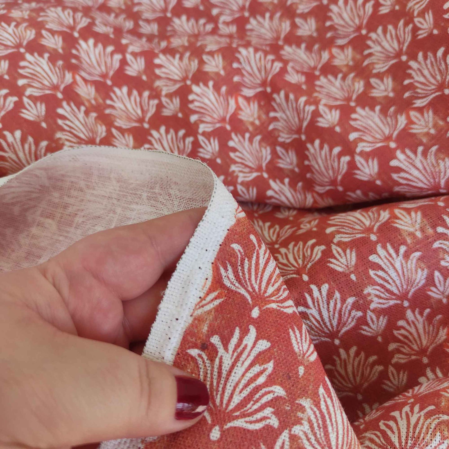 Floral linen fabric - Block print in brick red LL303P