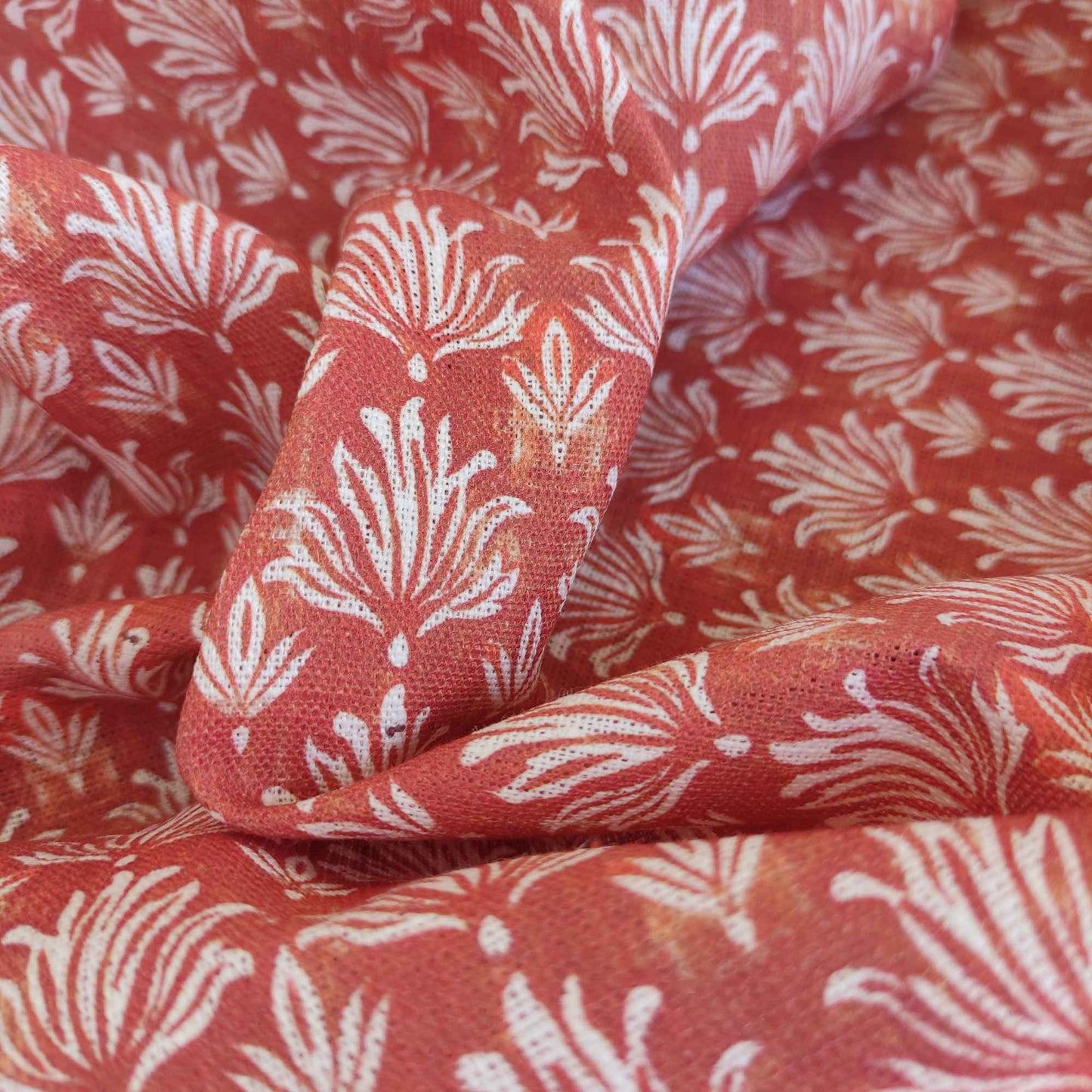 Floral linen fabric - Block print in brick red LL303P