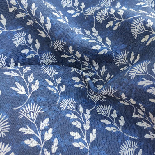 Floral linen fabric - Block print in dark indigo blue LL304P