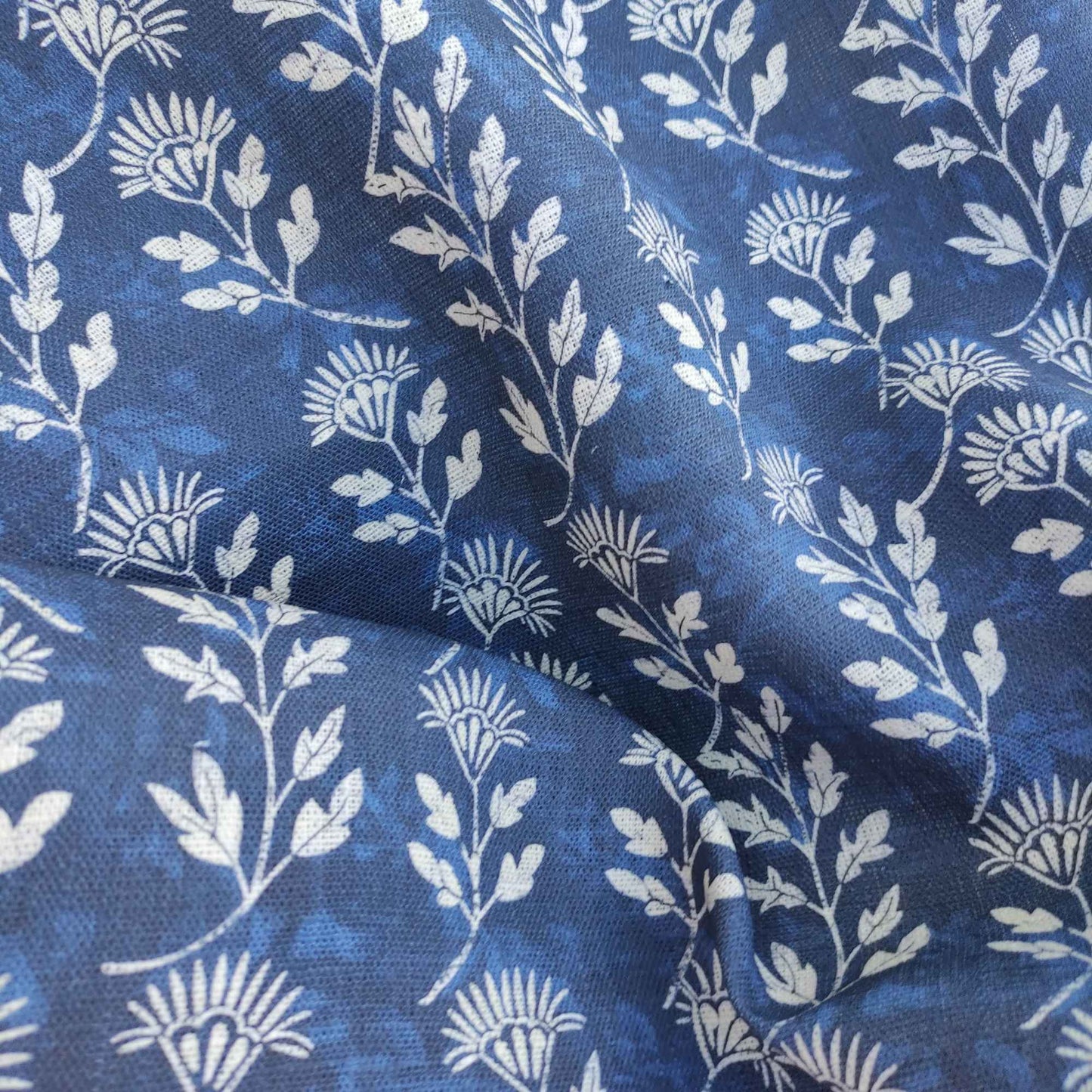 Floral linen fabric - Block print in dark indigo blue LL304P