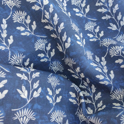Floral linen fabric - Block print in dark indigo blue LL304P